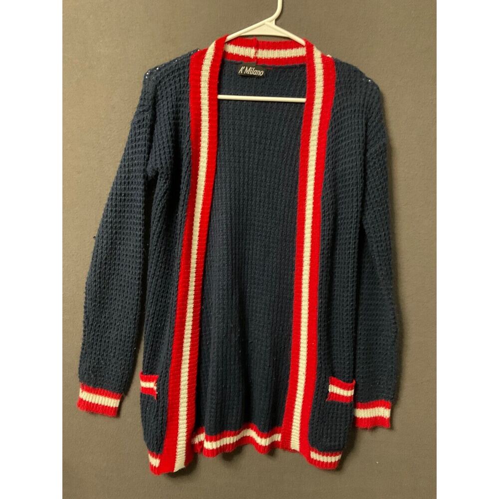 Vintage A' Milano Navy Striped Open Front Knit Cardigan Estimated‎ Size Small